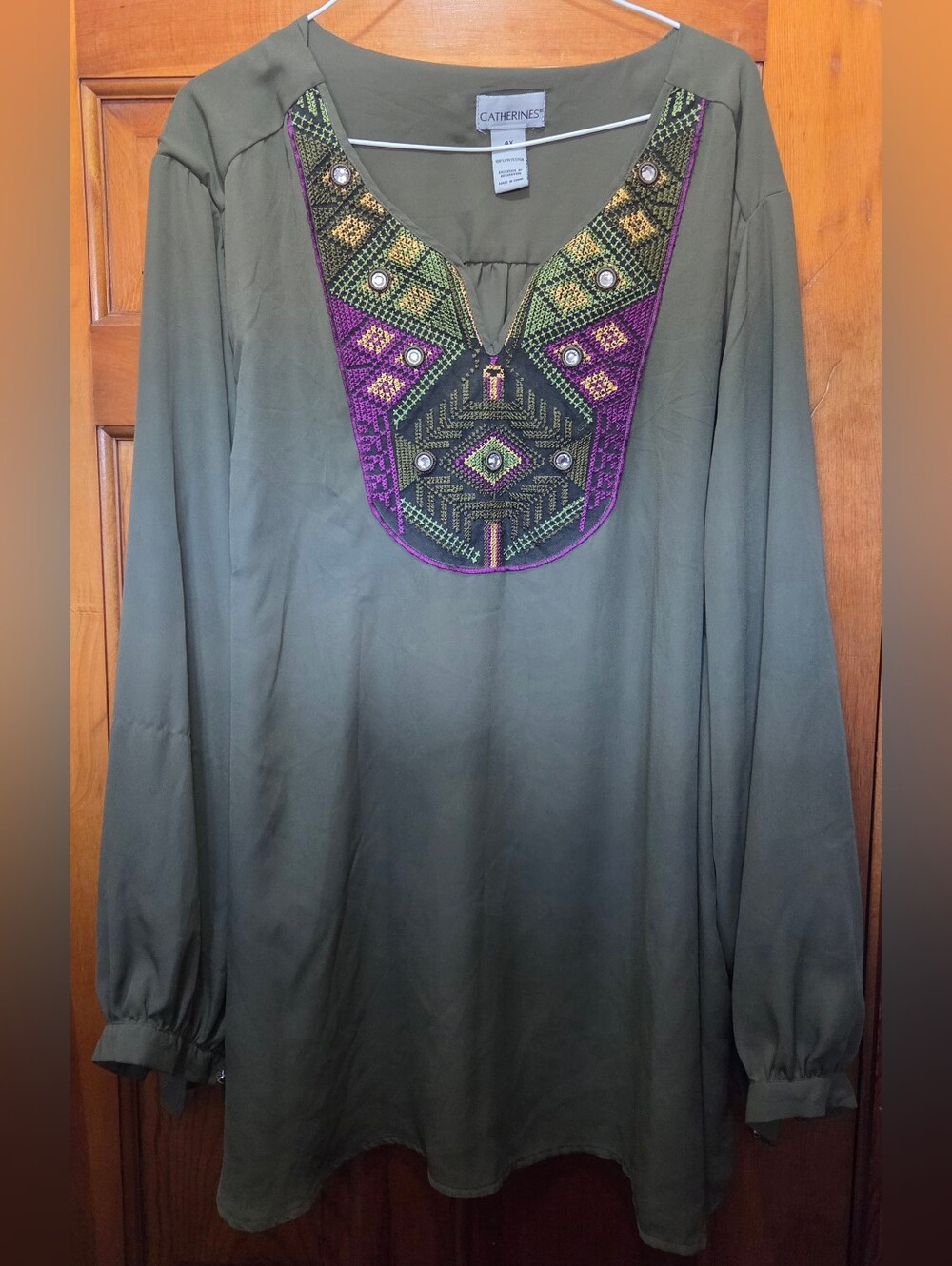 Catherines 4X Olive Green Embroidered Tunic Top Long Sleeve Boho NWOT
